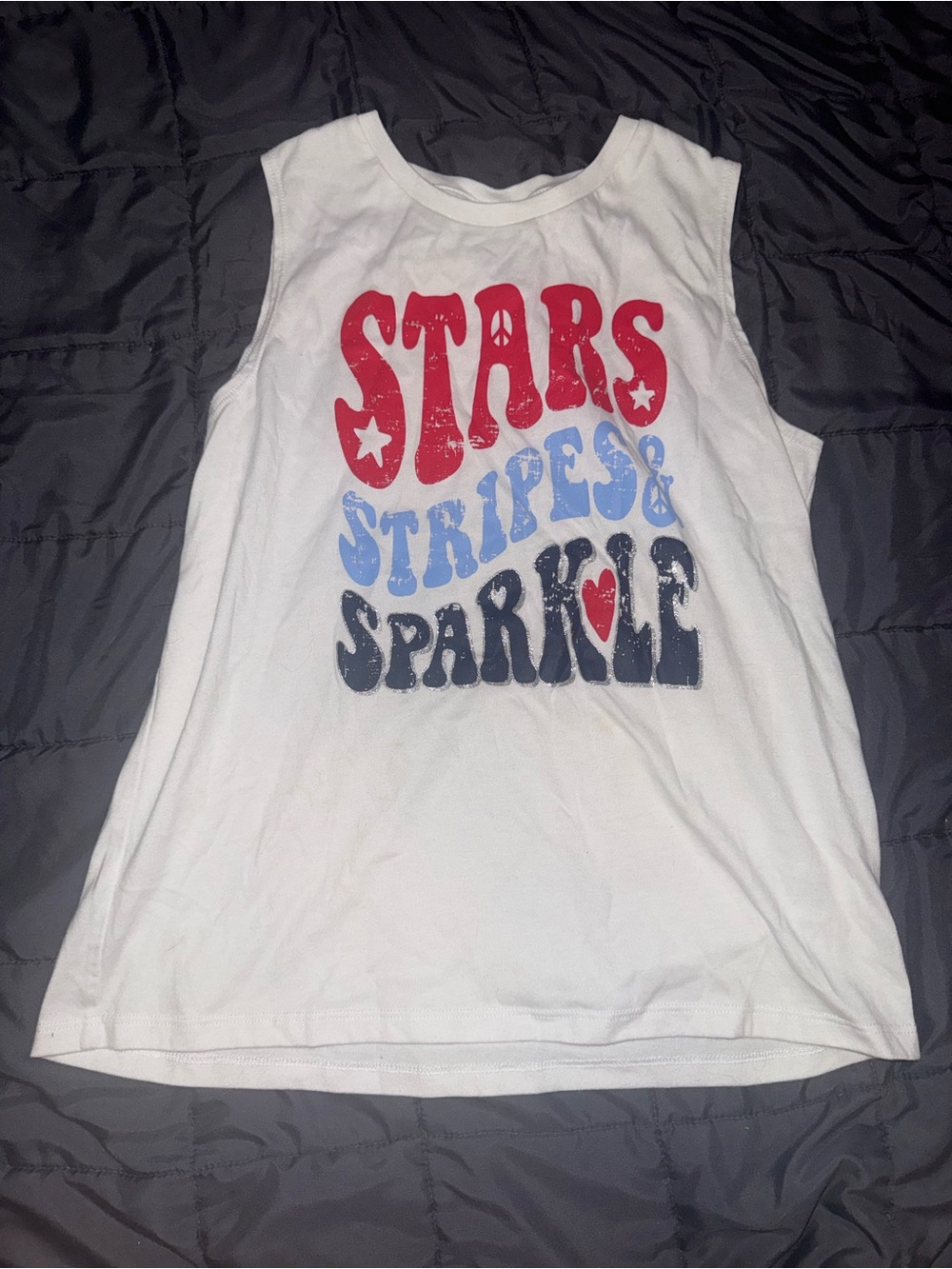 Girls' White Tank Top with Red, Blue & Navy Graphic - Stars Stripes & Sparkle